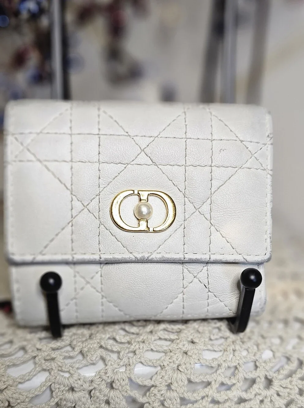 Dior White Quilted Leather Wallet with Gold Pearl Hardware With COA.